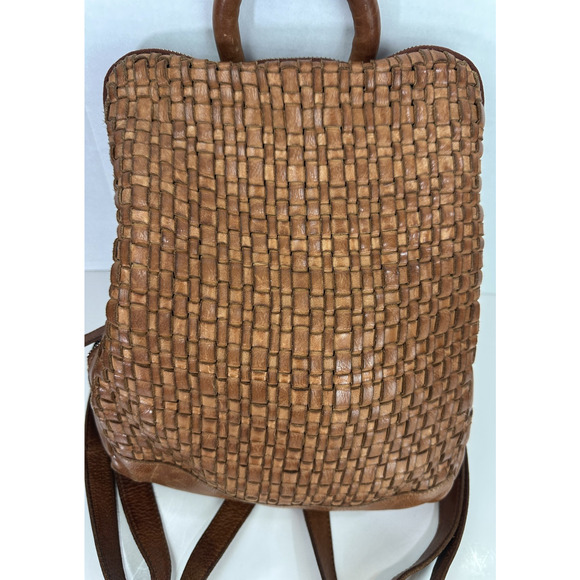 Vilenca Distressed Holland Emilia Woven Leather Backpack Purse Cognac Brown Boho - Picture 3 of 16